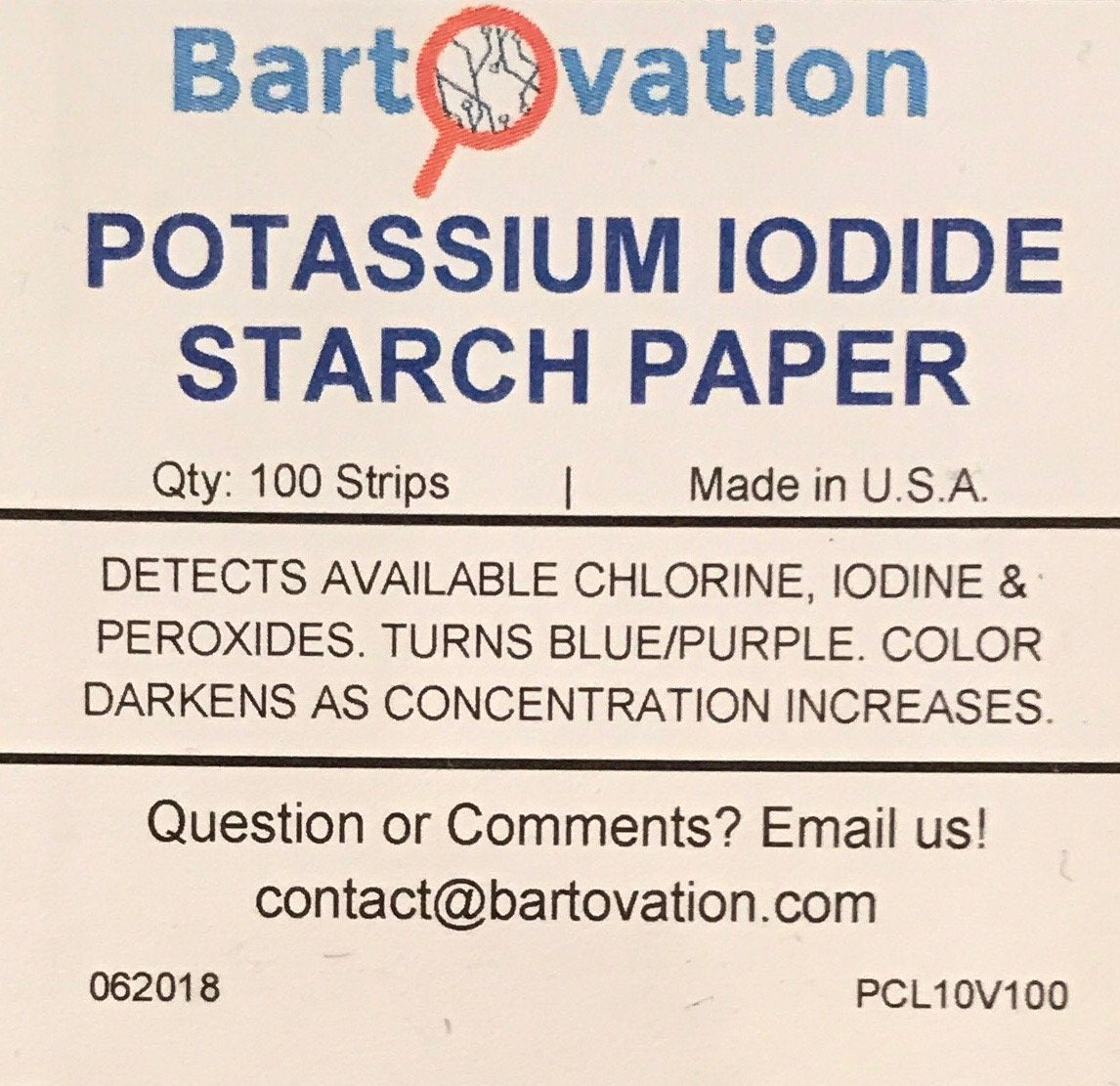 Bartovation test strips in a vial with color shift cue for chlorine and peroxide detection
