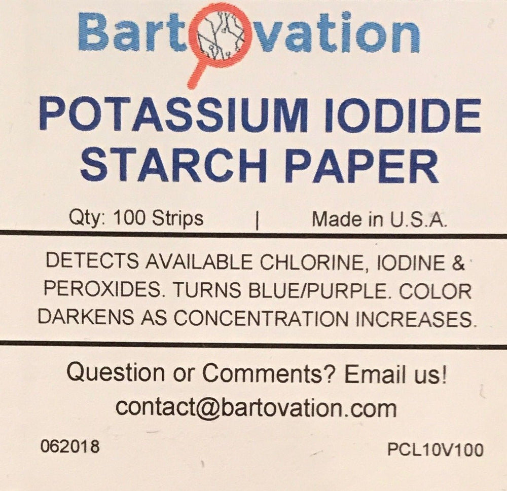 Bartovation test strips in a vial with color shift cue for chlorine and peroxide detection