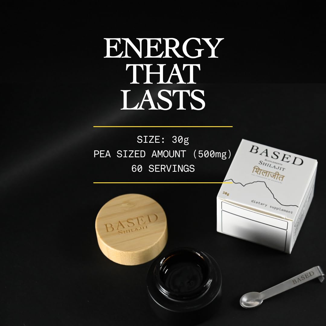 Based Shilajit resin packaging highlighting 60 servings and genuine quality.