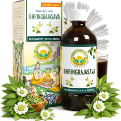 BASIC AYURVEDA Bhringrajasava bottle front, plant-based wellness label shown clearly.