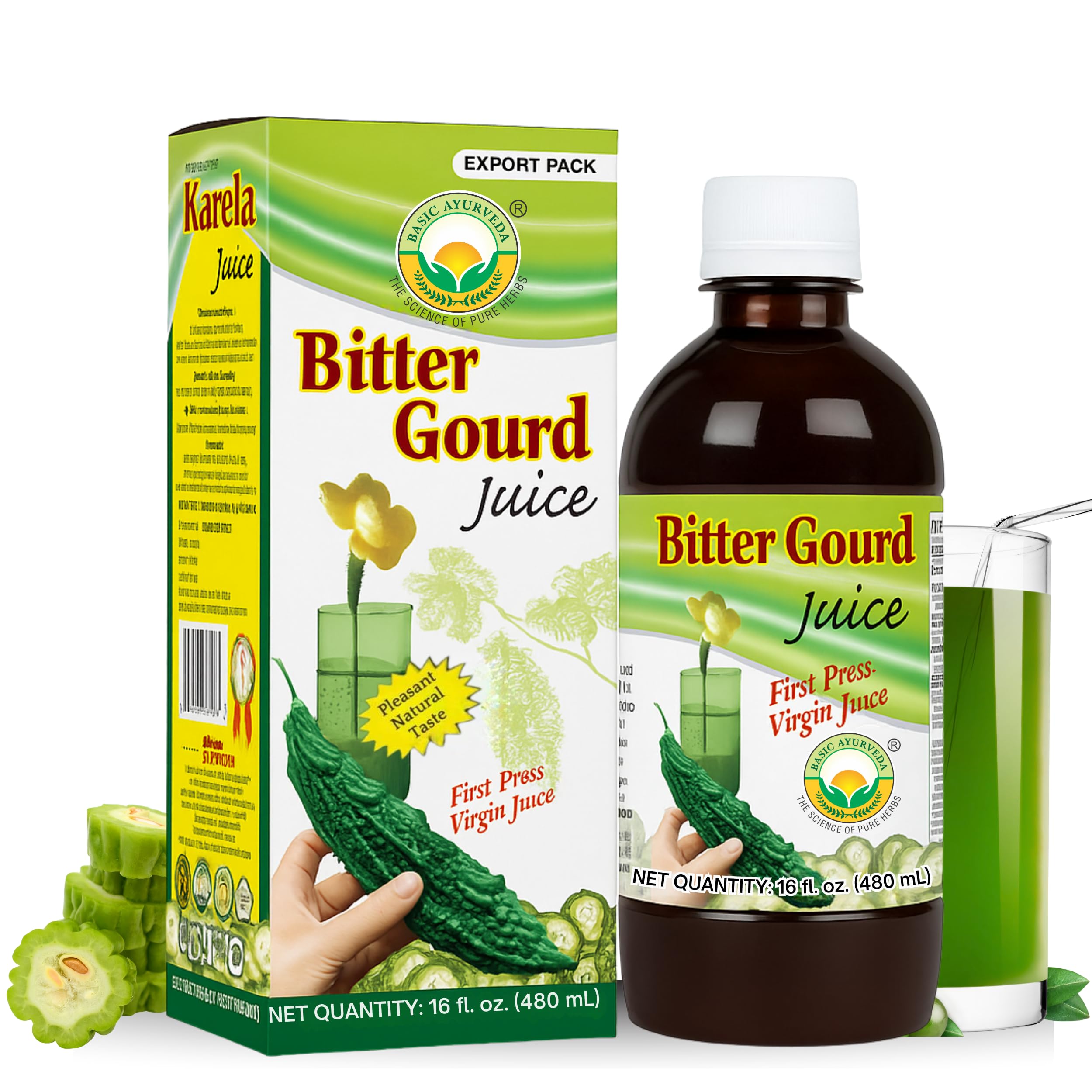 Basic Ayurveda Bitter Gourd Juice bottle emphasizing convenient daily detox support.