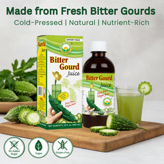 Basic Ayurveda Bitter Gourd Juice closeup showing fresh karela richness and nutrition.