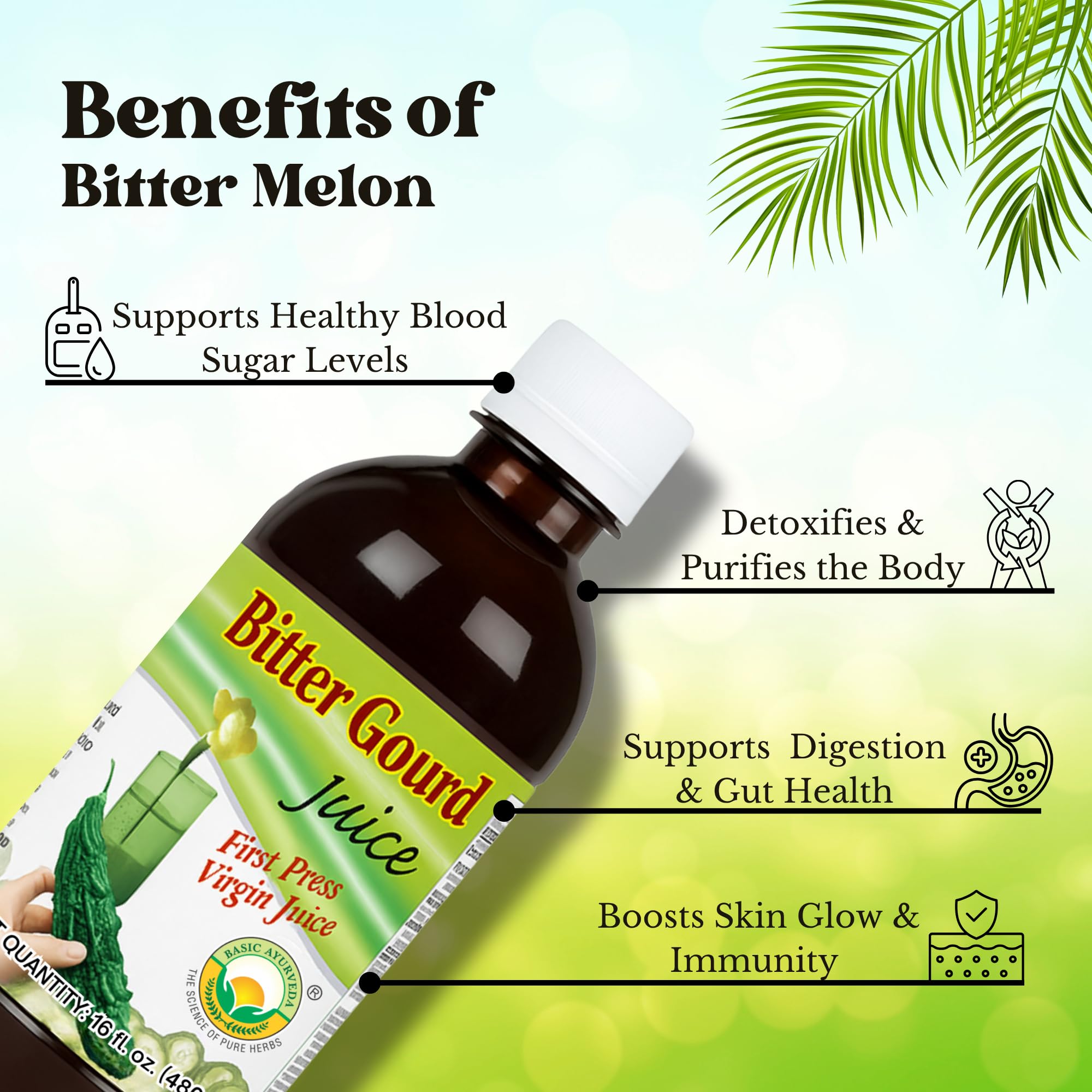 Basic Ayurveda Bitter Gourd Juice pour capture for mixing with water or juice.