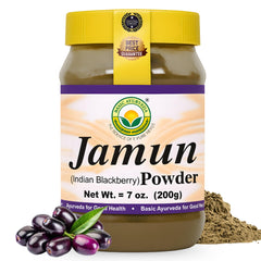 Basic Ayurveda Jamun powder bottle closeup highlighting antioxidant-rich fruit powder for smoothies.