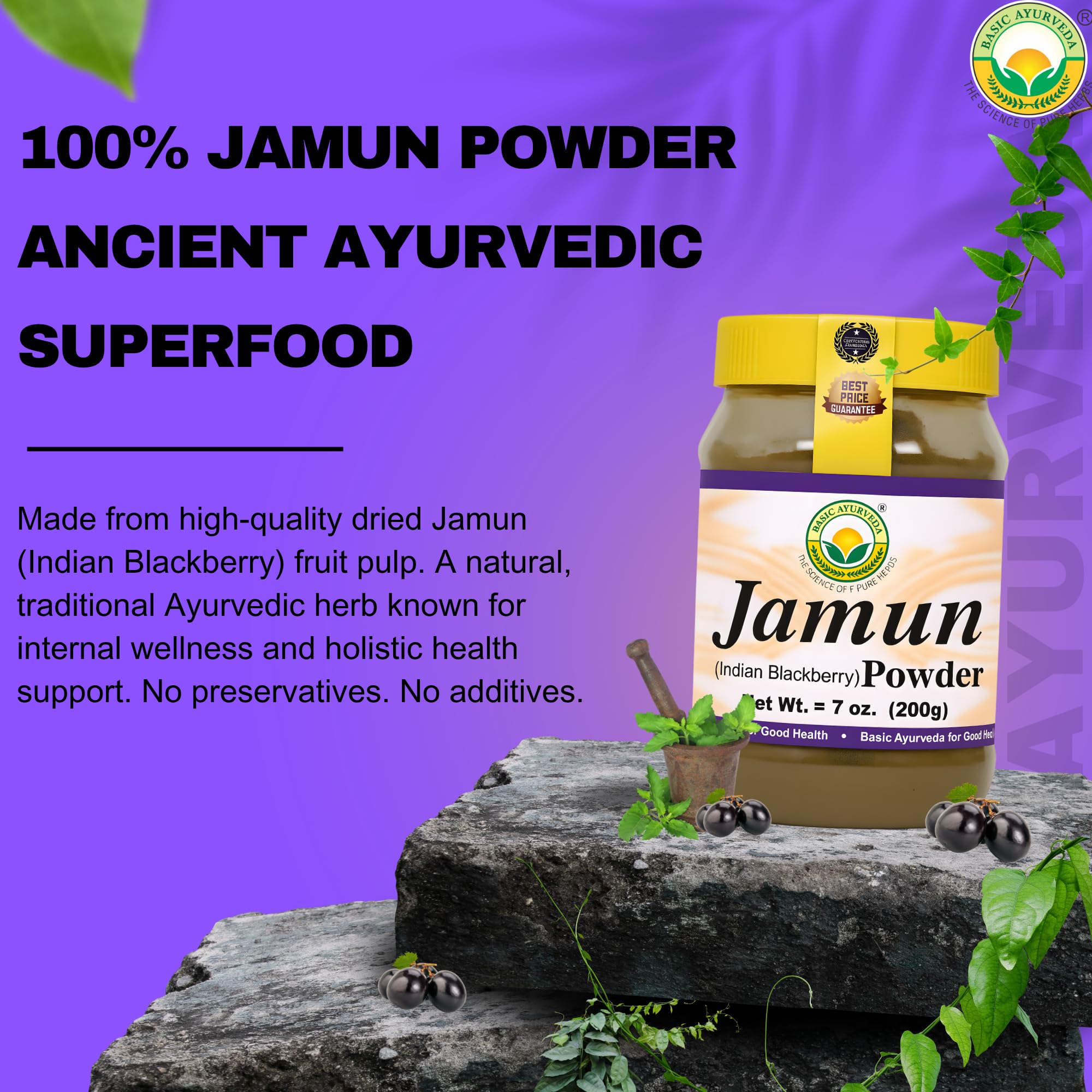 Basic Ayurveda Jamun powder jar front emphasizes purity and natural ingredients.