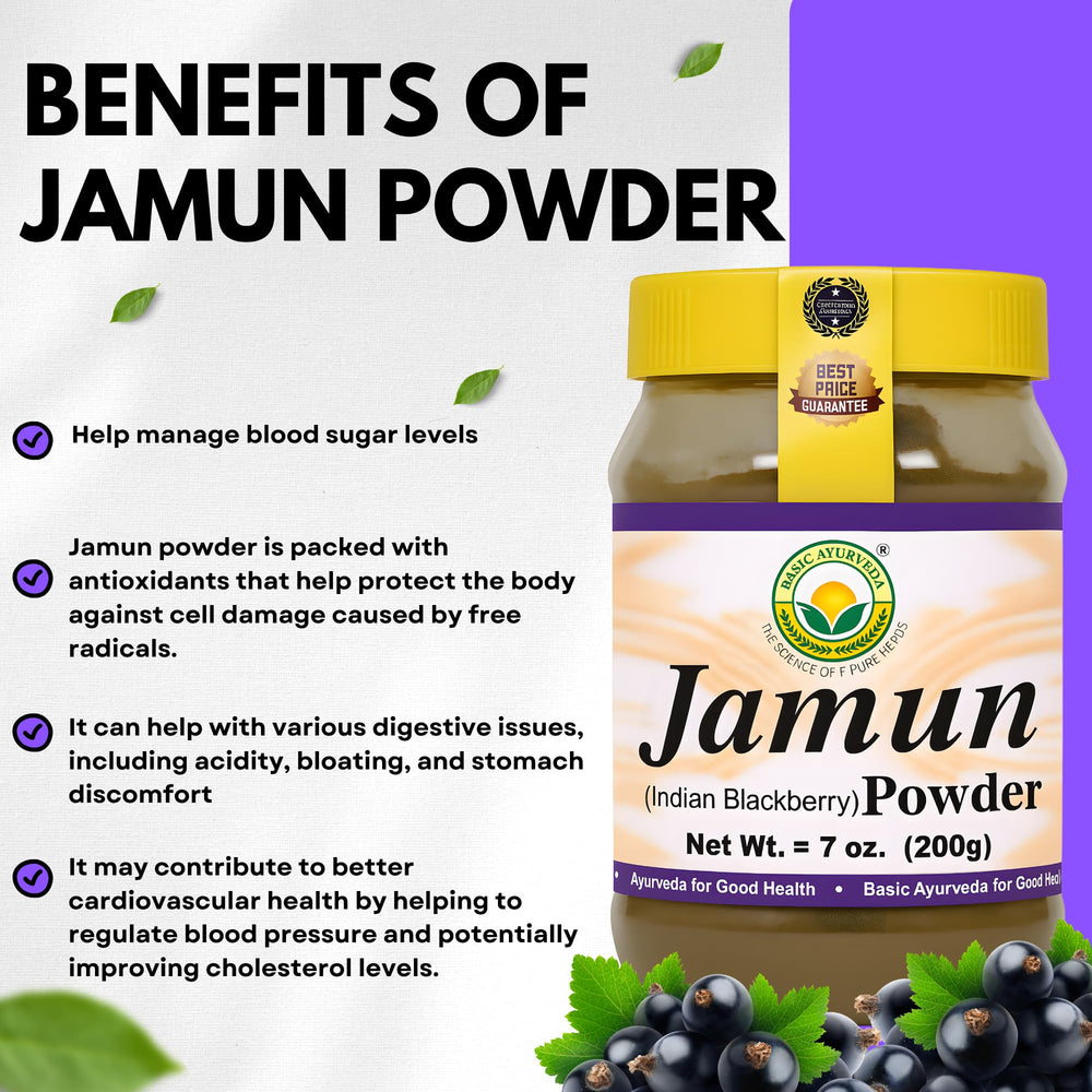 Basic Ayurveda Jamun powder in a tea cup ready to mix into warm herbal tea.