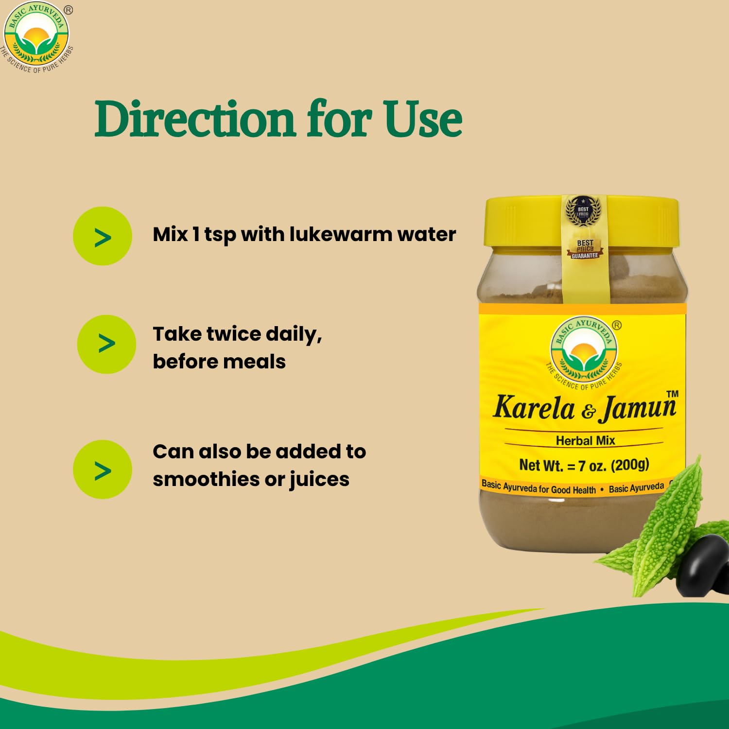BASIC AYURVEDA Karela and Jamun drink mix ready-to-use in warm water.