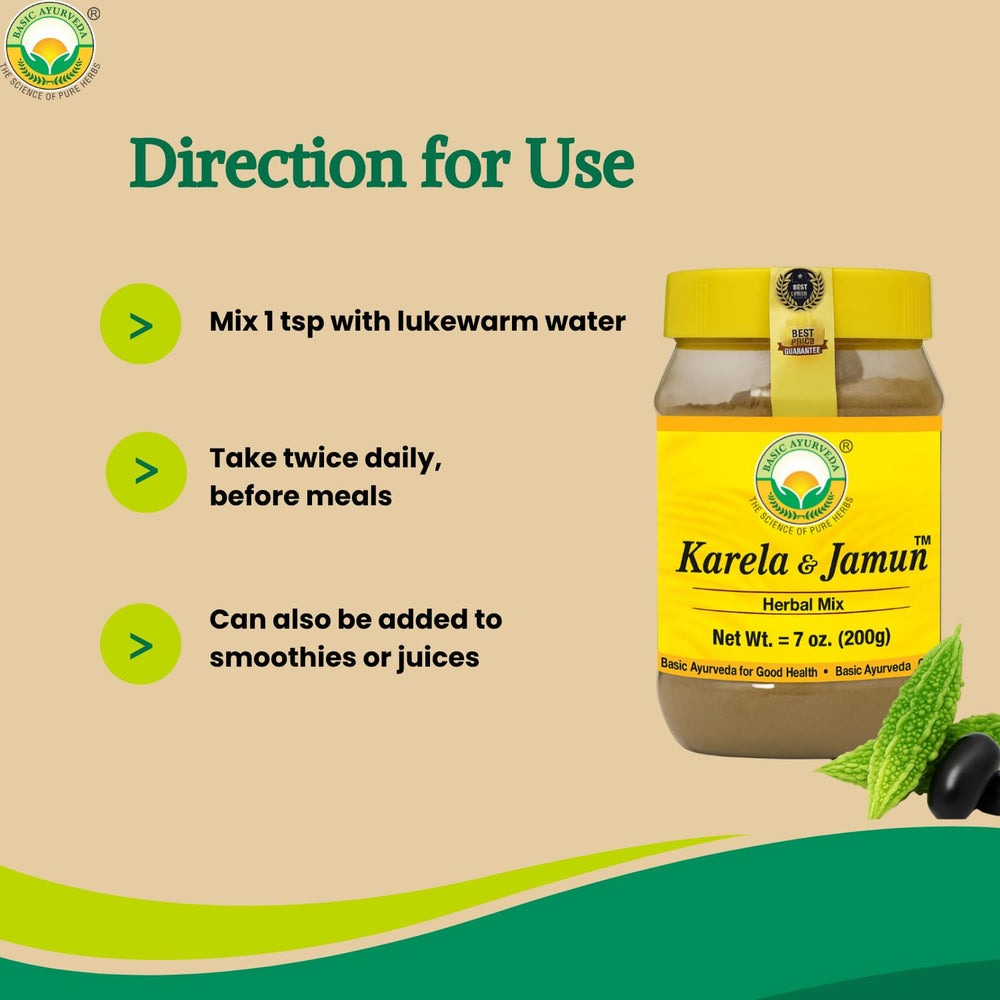 BASIC AYURVEDA Karela and Jamun drink mix ready-to-use in warm water.