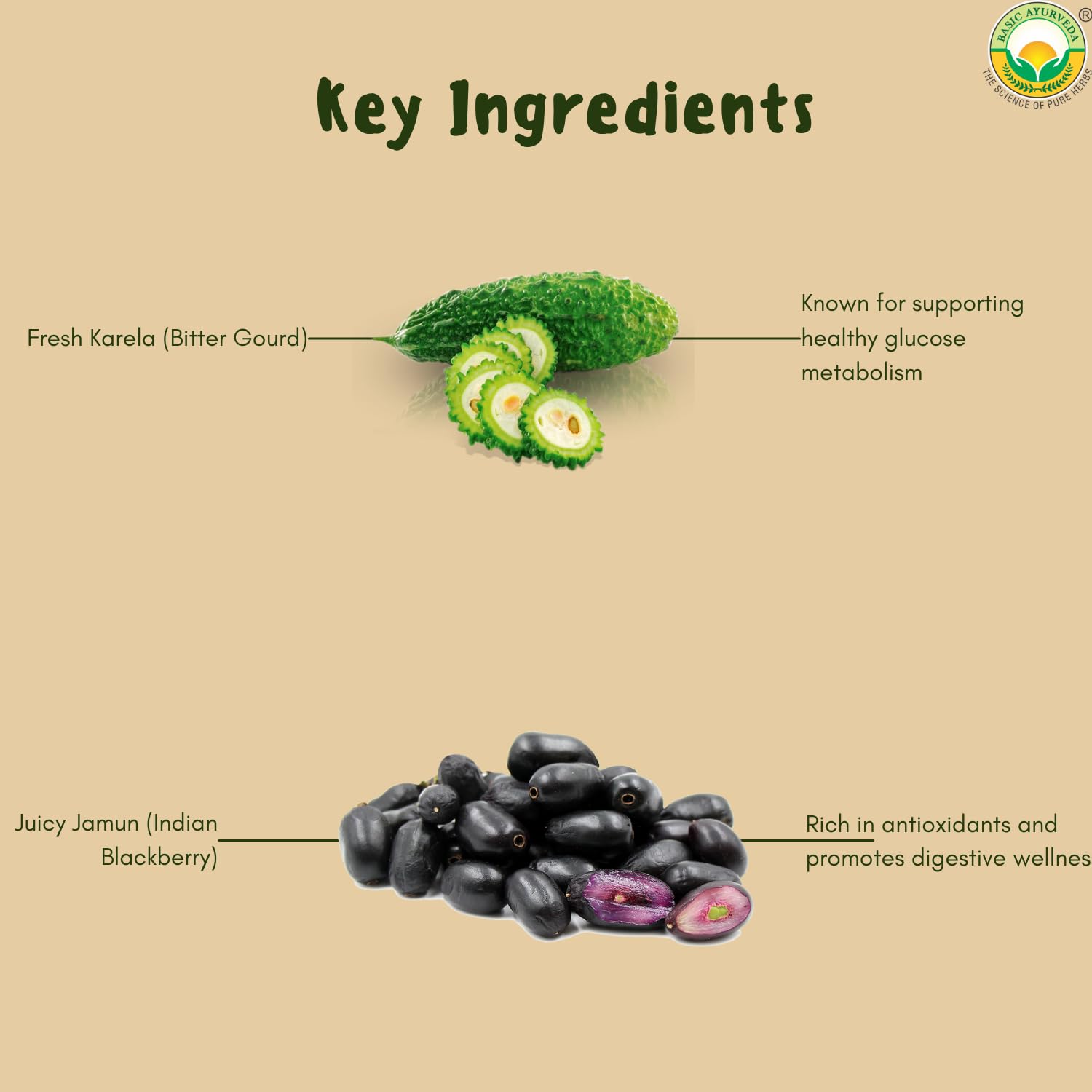 BASIC AYURVEDA Karela and Jamun packaging pouch preserves freshness.