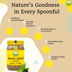 BASIC AYURVEDA Karela and Jamun powder close-up of natural ingredients.