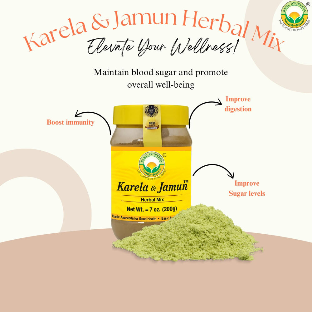 BASIC AYURVEDA Karela and Jamun powder jar open with fresh aroma.
