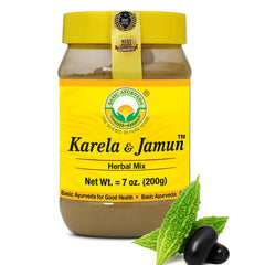 BASIC AYURVEDA Karela and Jamun powder bottle highlights traditional blend for daily drinks.