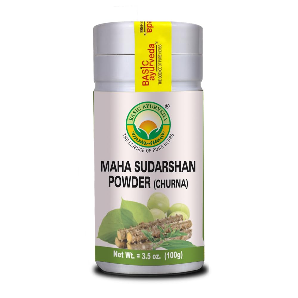 Basic Ayurveda Maha Sudarshan Powder container showing a pure ingredient blend for beverages.