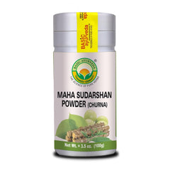 Basic Ayurveda Maha Sudarshan Powder container showing a pure ingredient blend for beverages.