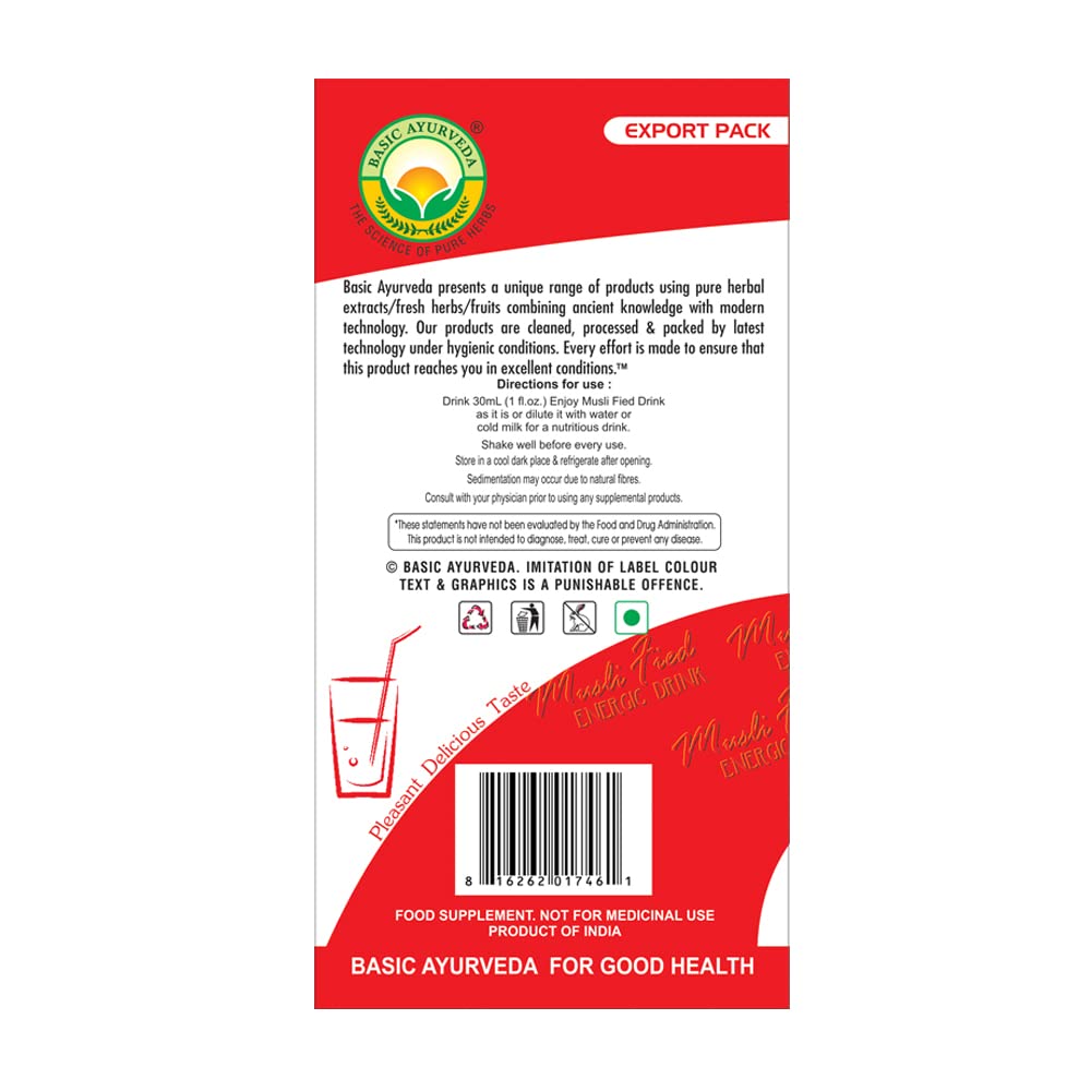 BASIC AYURVEDA Organic Safed Musli bottle label indicating ready-to-drink convenience