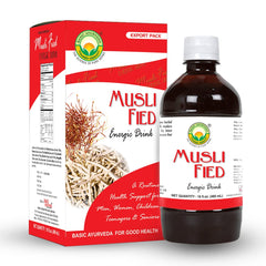 BASIC AYURVEDA Safed Musli drink bottle shows herbal vitality blend