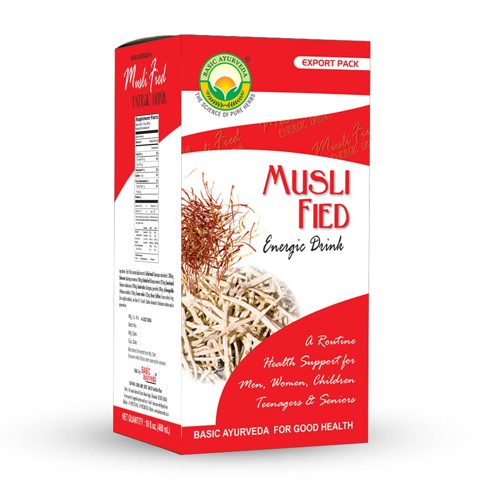 BASIC AYURVEDA Safed Musli drink being poured into a glass for refreshment