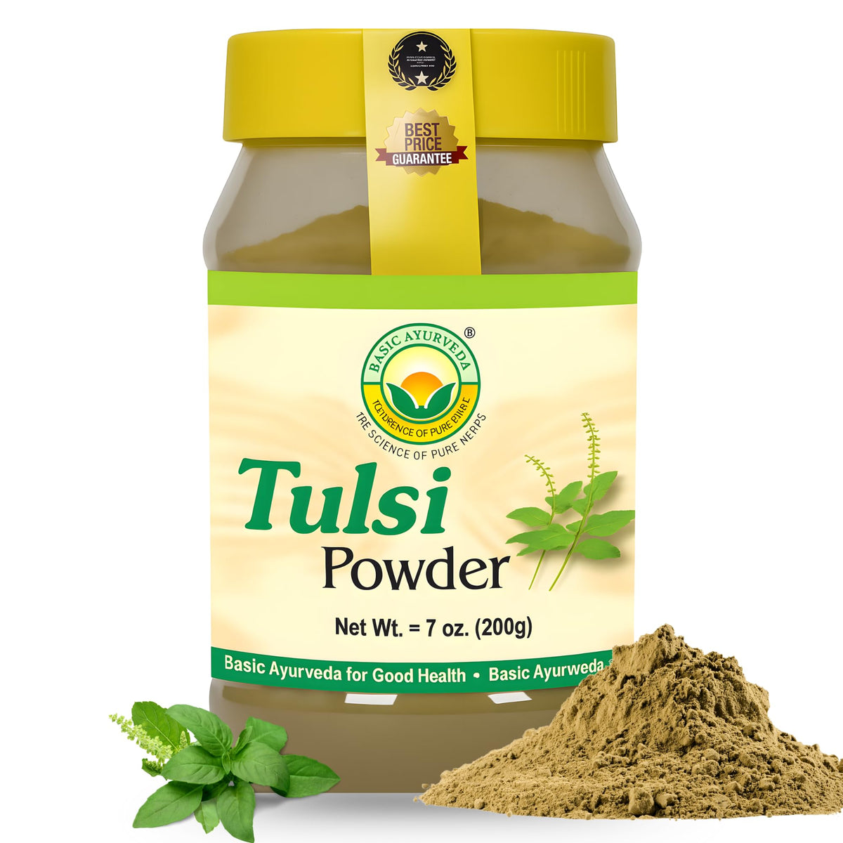 Basic Ayurveda Tulsi powder jar closeup showing pure leaves for daily tea
