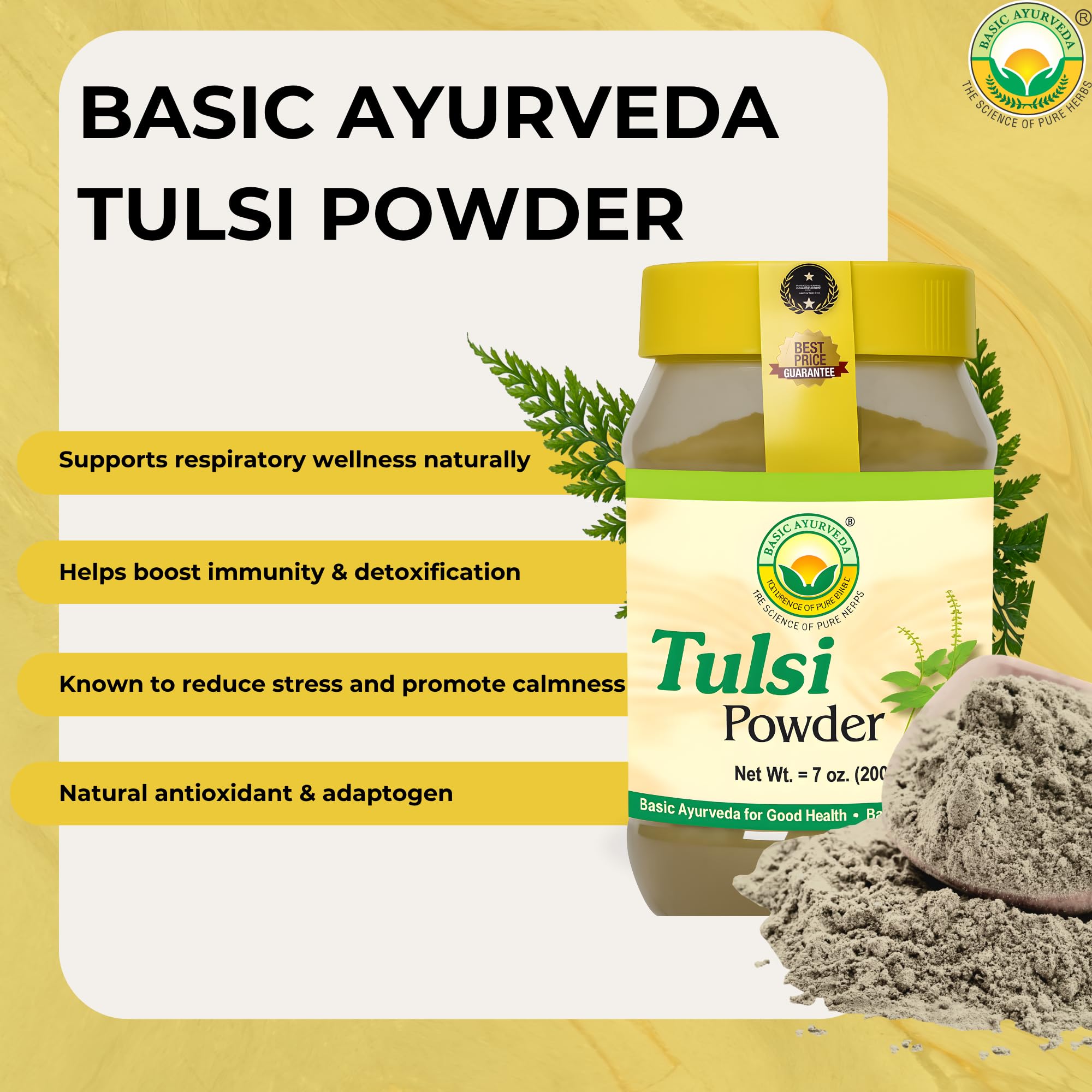 Tulsi powder being stirred into hot water for calming tea by Basic Ayurveda