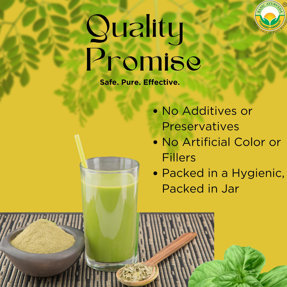 Label highlighting Non-GMO vegan gluten-free badge on Tulsi powder