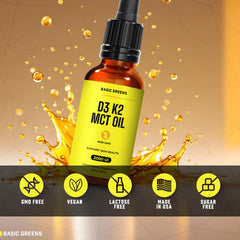 Amber glass bottle of BASIC GREENS drops under soft light