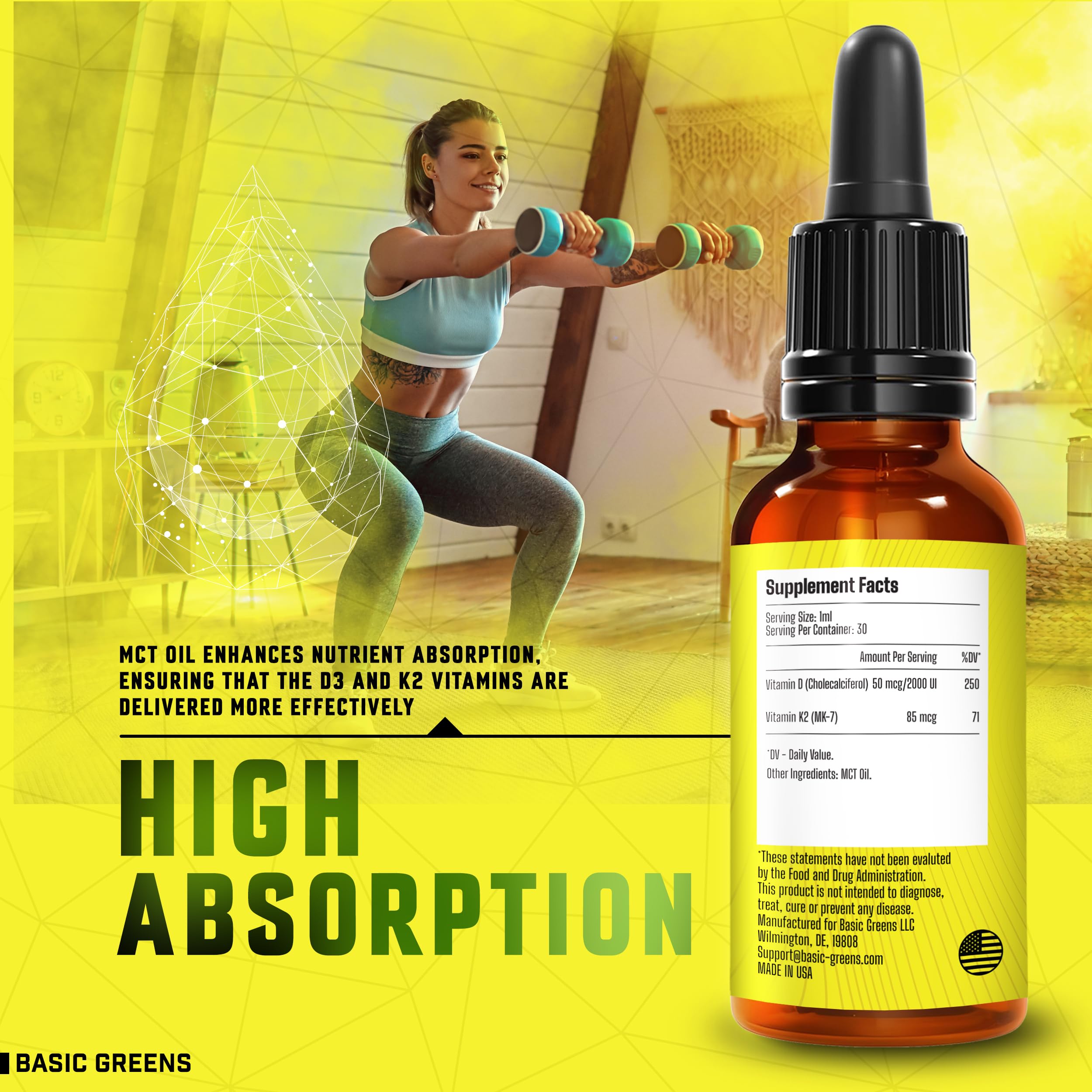 Vitamin D3 K2 drops poured into a glass of water for easy mixing
