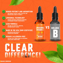 Basic Greens immune-support drops on a kitchen counter; supports daily resilience.