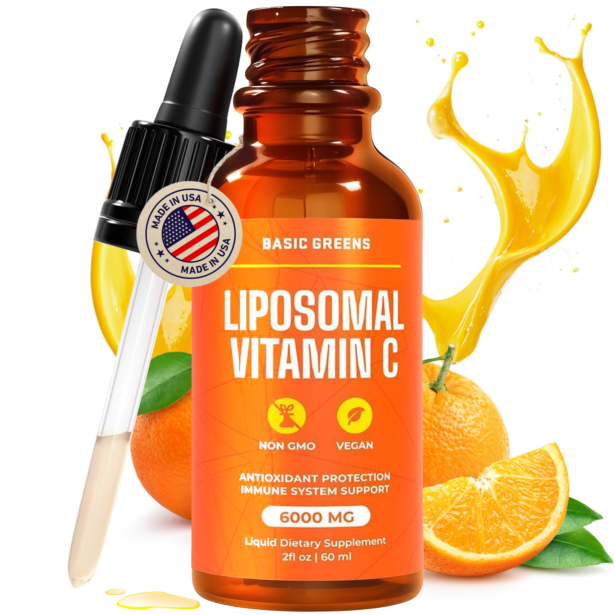 Basic Greens liposomal vitamin C 6000mg bottle highlighting premium immune support.