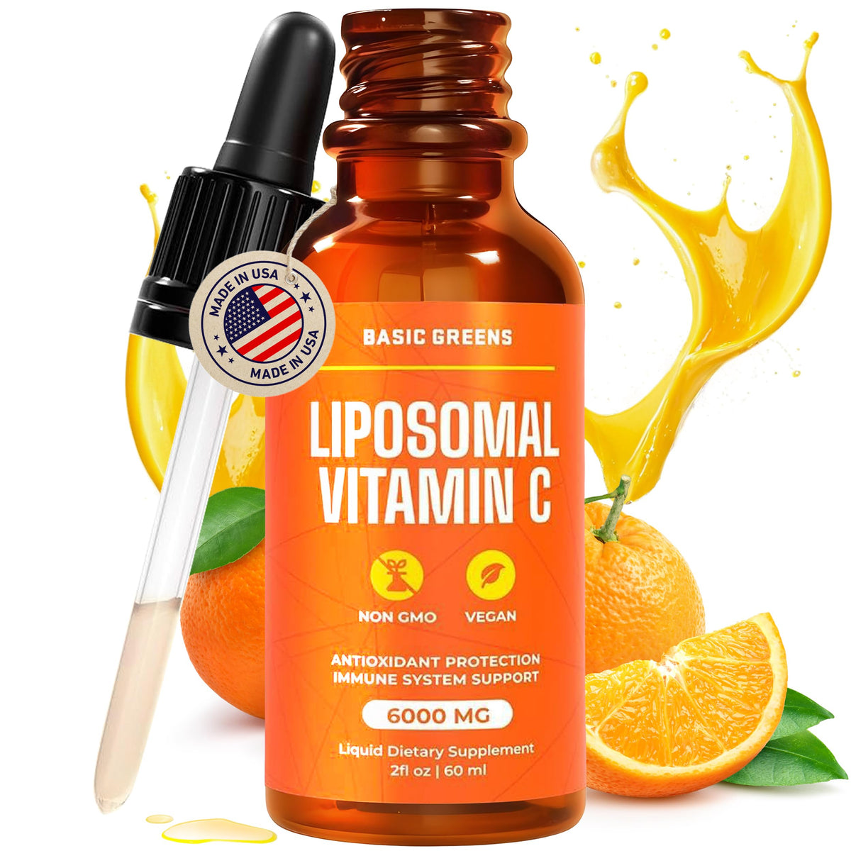 Basic Greens liposomal vitamin C 6000mg bottle highlighting premium immune support.