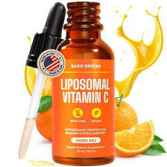 Basic Greens liposomal vitamin C 6000mg bottle highlighting premium immune support.