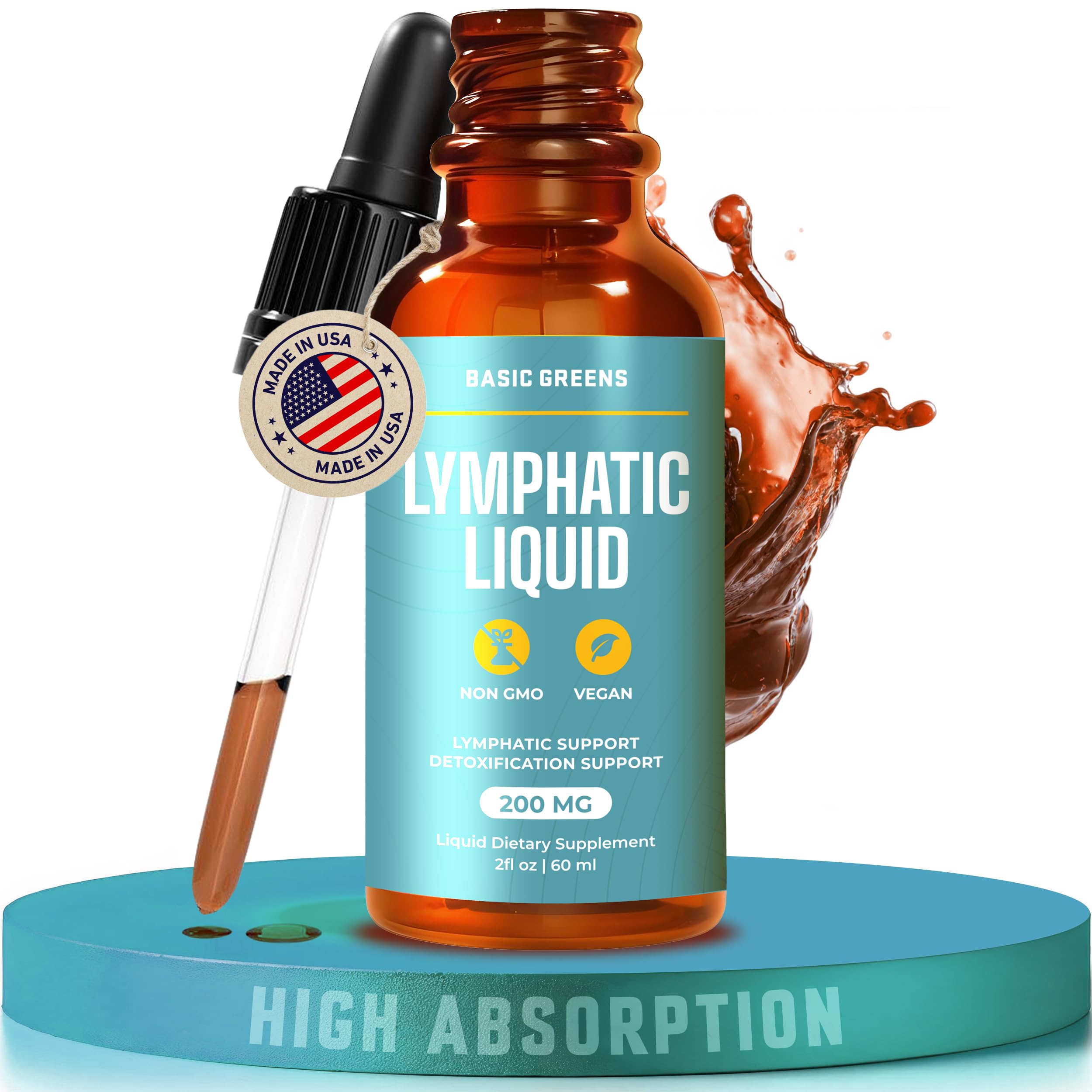 Basic Greens Lymphatic Support Liquid bottle with clear 2 fl oz label.