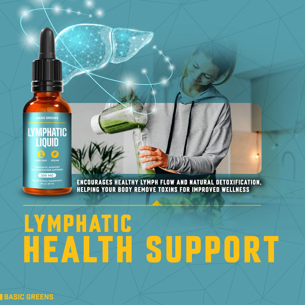 Basic Greens Lymphatic Support Liquid bottle held for precise dosing demonstration.