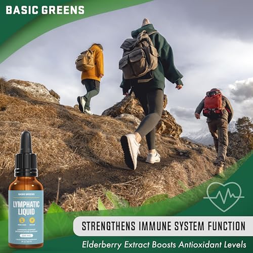 Basic Greens Lymphatic Support Liquid label close-up highlights herbal formula.