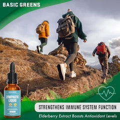 Basic Greens Lymphatic Support Liquid label close-up highlights herbal formula.
