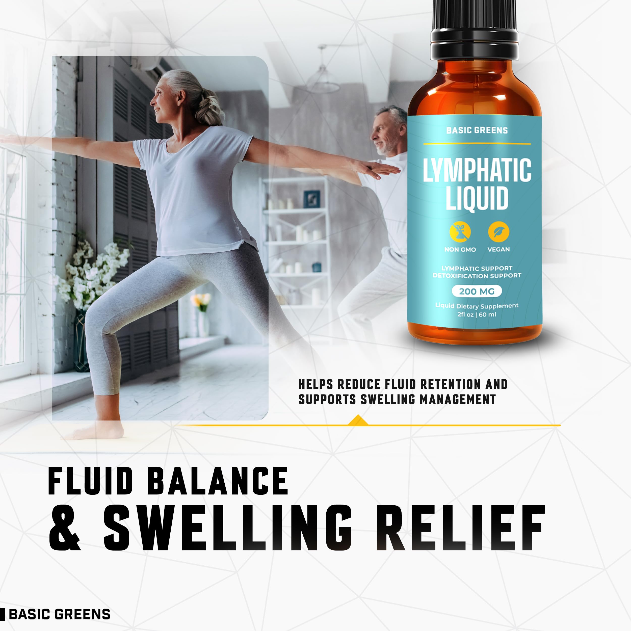 Basic Greens Lymphatic Support Liquid shown with daily vitamins.