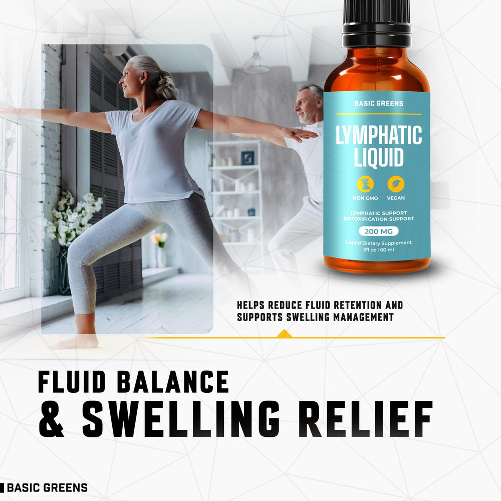 Basic Greens Lymphatic Support Liquid shown with daily vitamins.