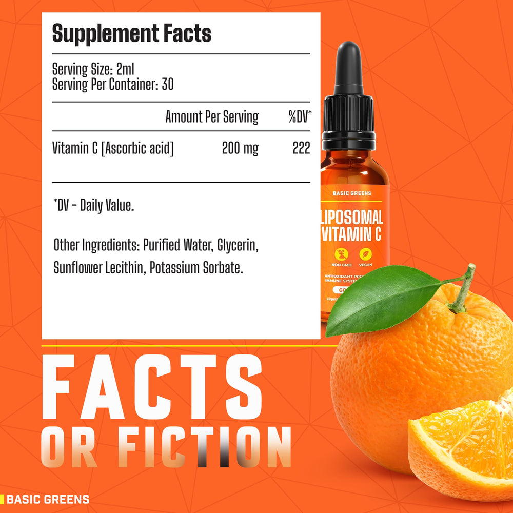 Basic Greens vitamin C liquid drops being poured into a glass for easy daily use.