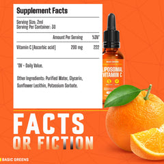 Basic Greens vitamin C liquid drops being poured into a glass for easy daily use.