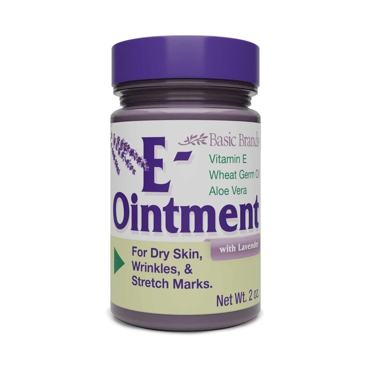 Basic Organics Vitamin E Ointment Lavender 2 oz bottle for daily hydration.