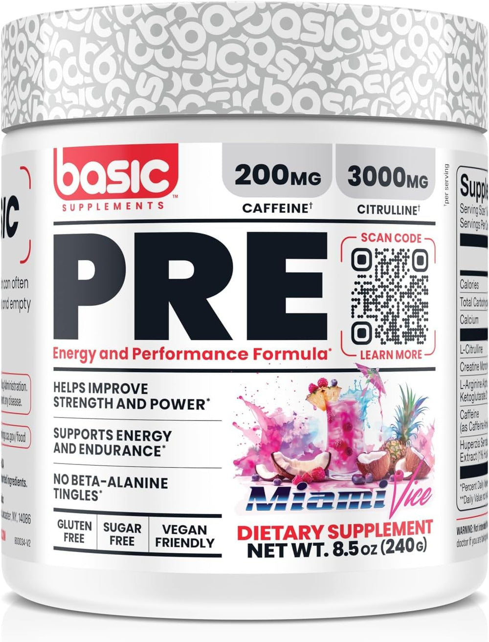 Basic Supplements Pre-Workout bottle with caffeine boost for focused energy during workouts