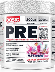 Basic Supplements Pre-Workout bottle with caffeine boost for focused energy during workouts