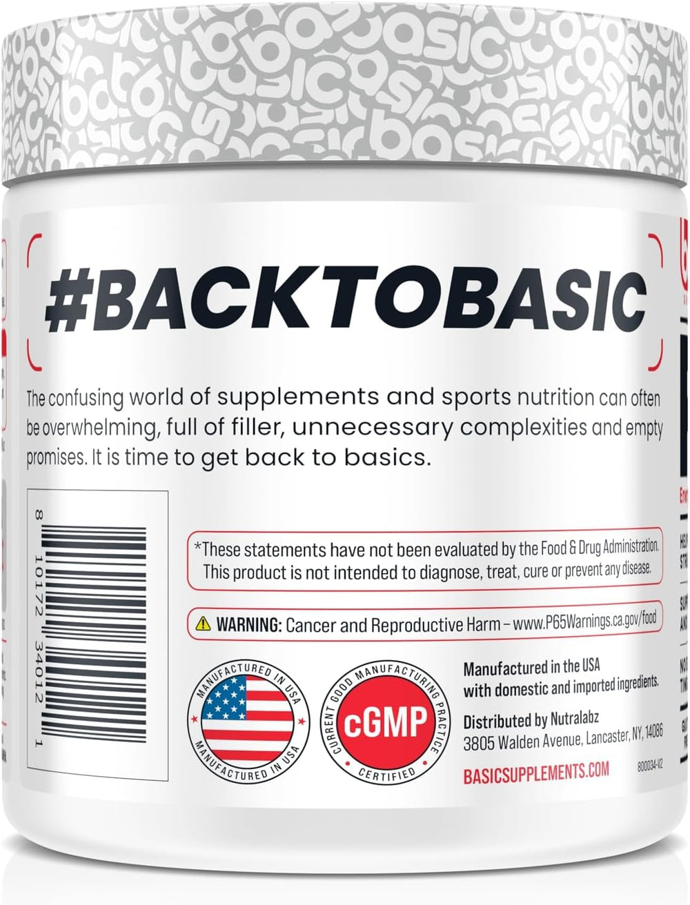 Basic Supplements Pre-Workout bottle highlighting no beta-alanine tingles for smoother training