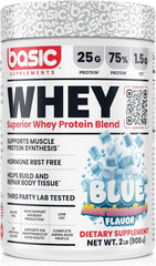 BASIC SUPPLEMENTS Whey Protein canister with blue marshmallow flavor for fueling workouts