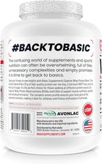 BASIC SUPPLEMENTS whey protein powder glass shake showing smooth post-workout texture.