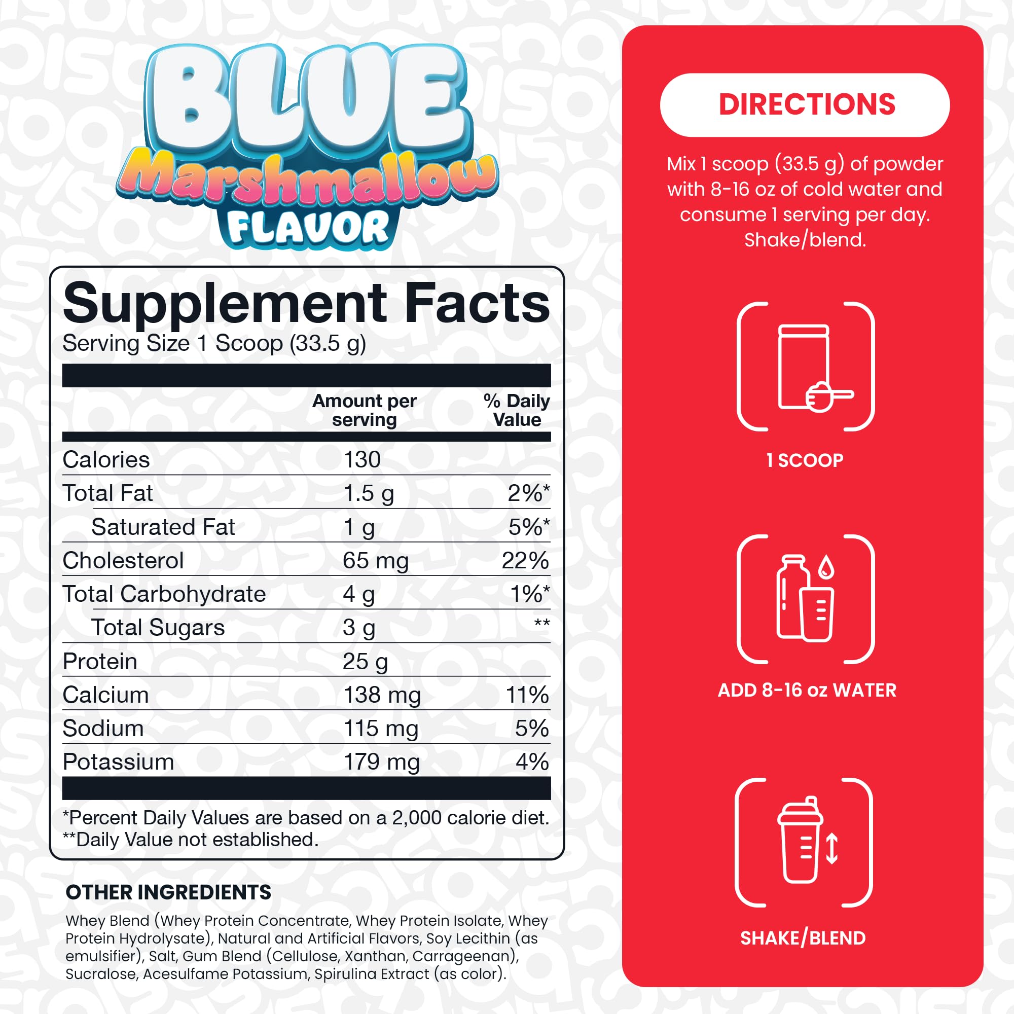 BASIC SUPPLEMENTS whey protein powder nutrition label highlights 25g protein per serving.