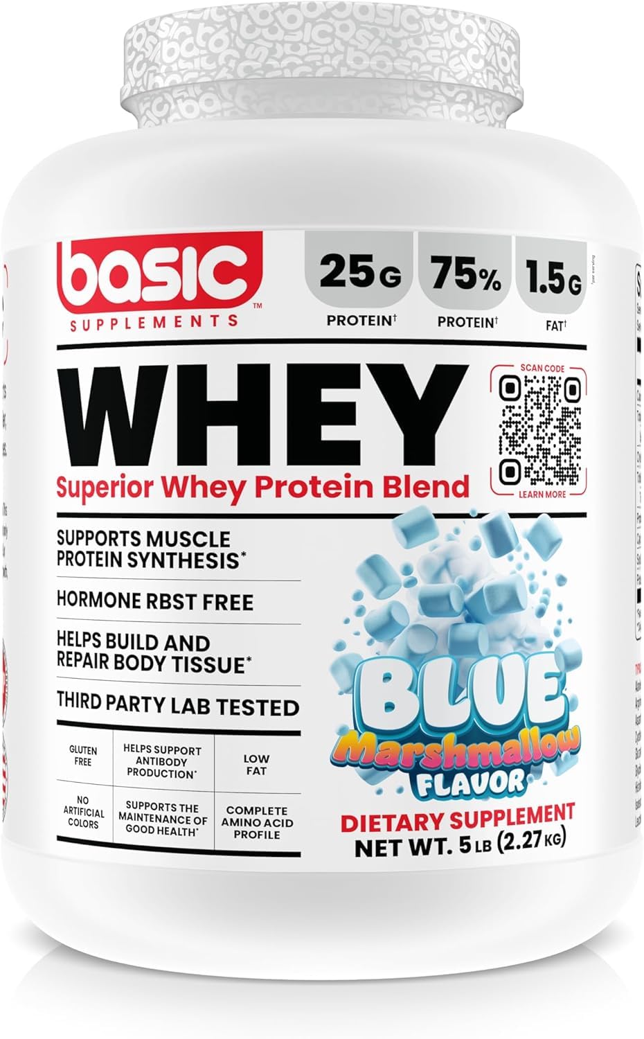 BASIC SUPPLEMENTS whey protein powder scoop for quick post-workout fueling.