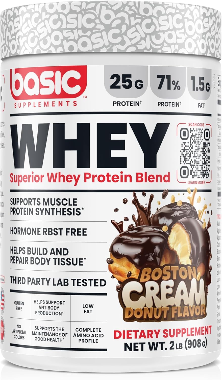 BASIC SUPPLEMENTS whey protein powder tub front supports muscle recovery after workouts.