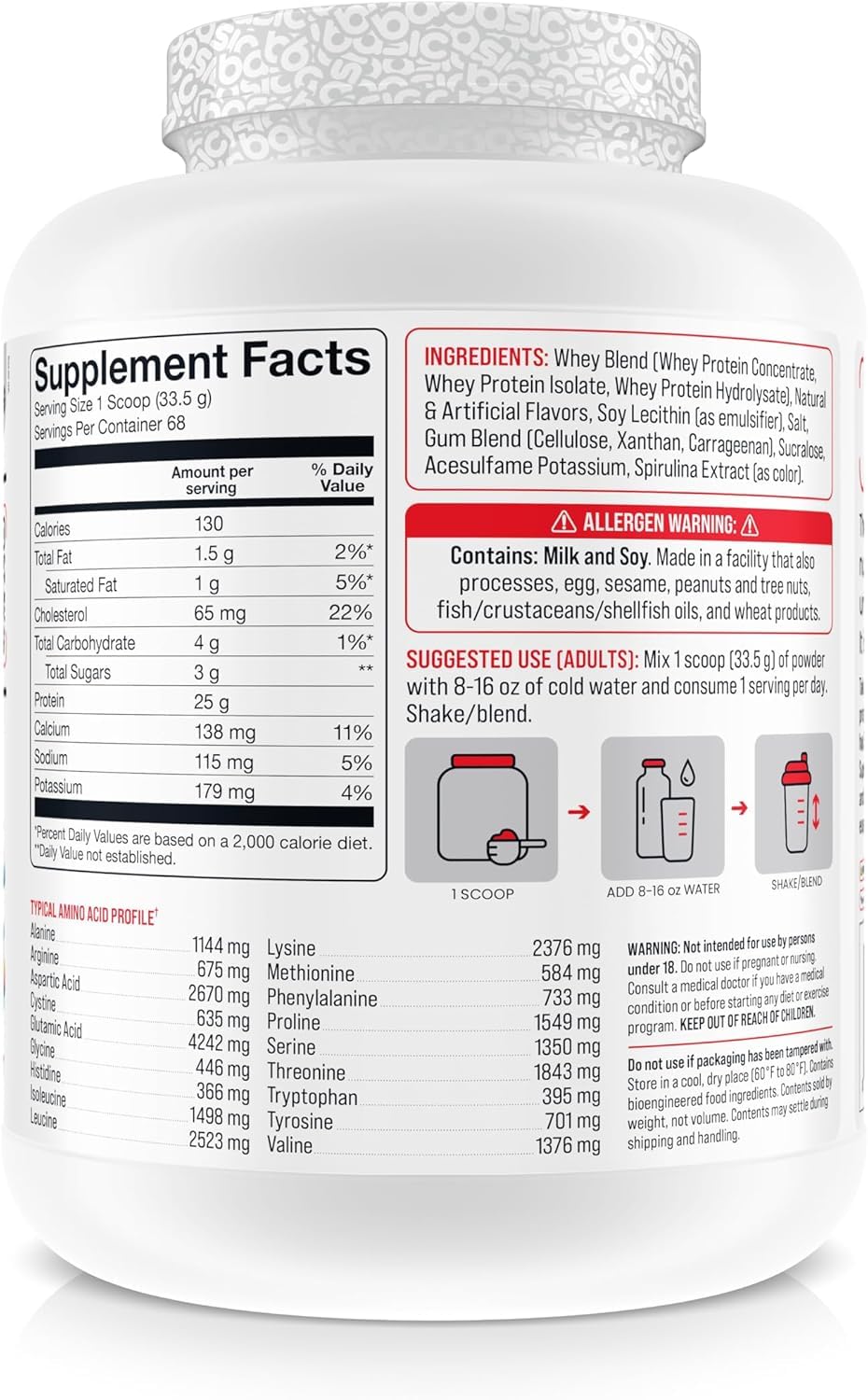 BASIC SUPPLEMENTS whey protein powder tub front highlighting gluten-free, RBST-free formula.