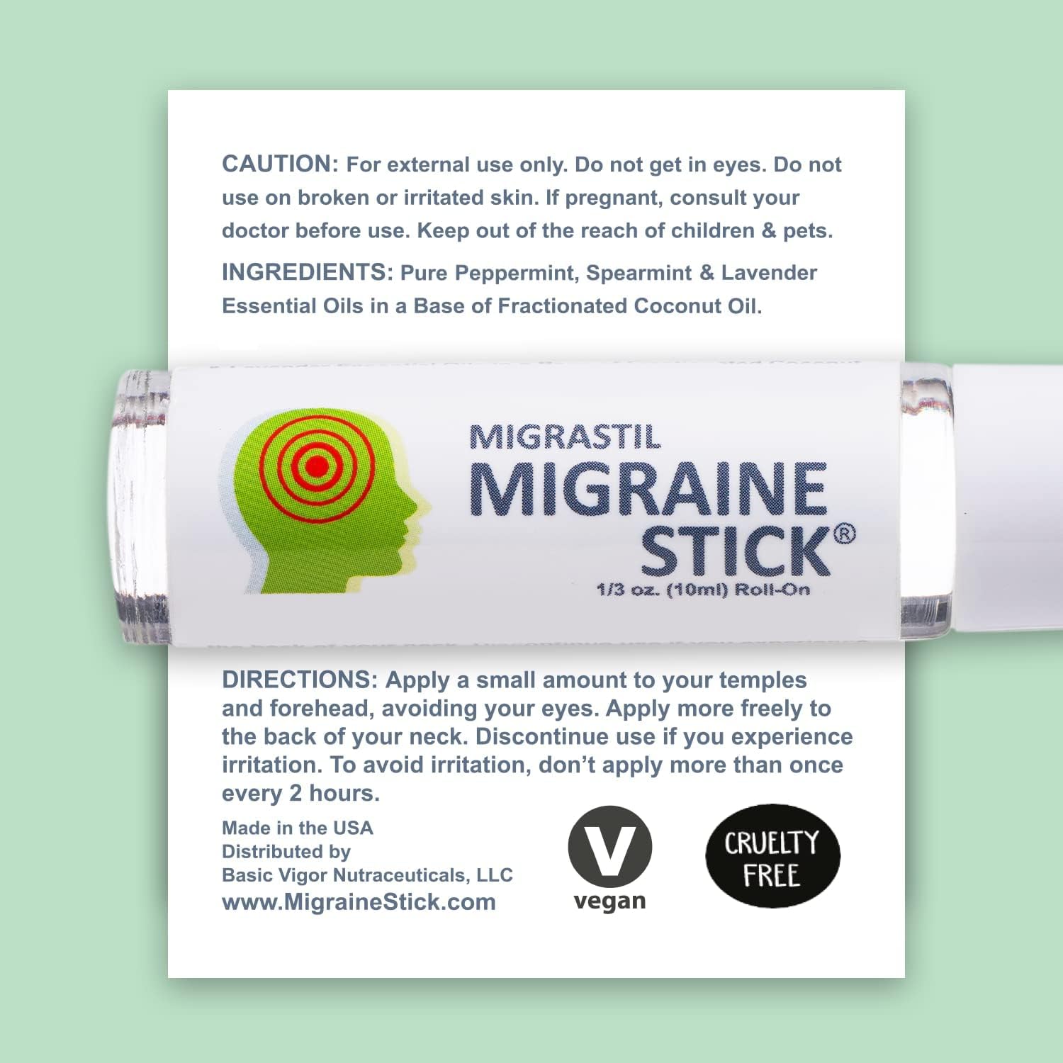 Basic Vigor Migrastil stick closeup roller shows smooth glide and cooling aromatherapy benefits