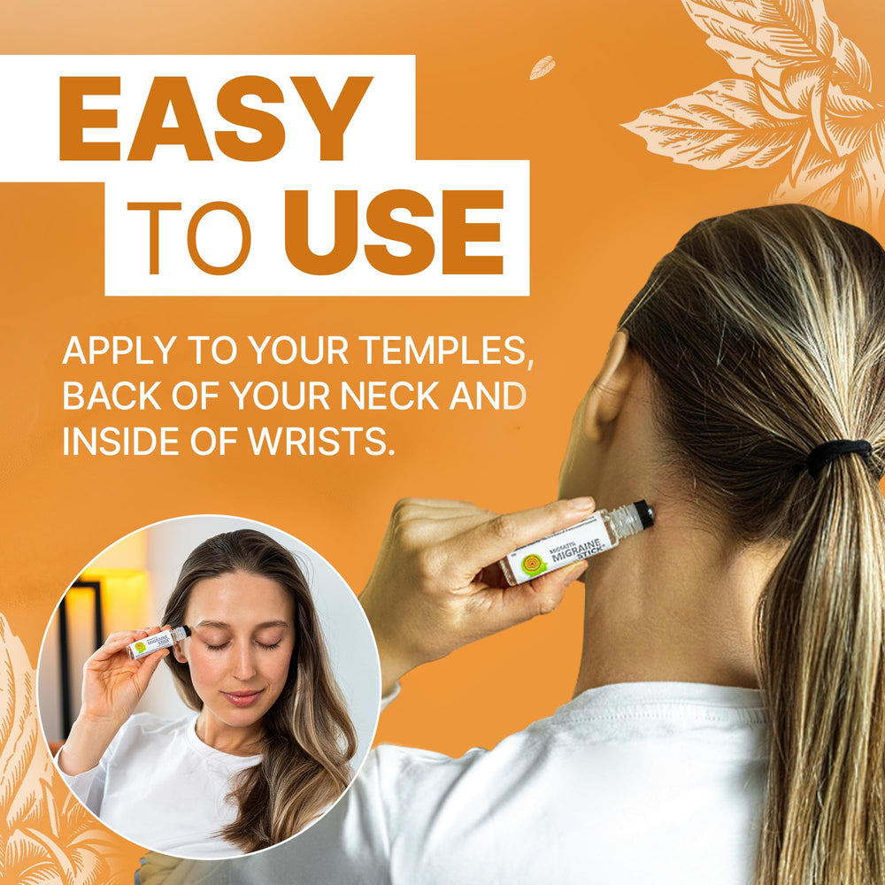 Basic Vigor Migrastil migraine stick applying to temple for soothing sensory relief